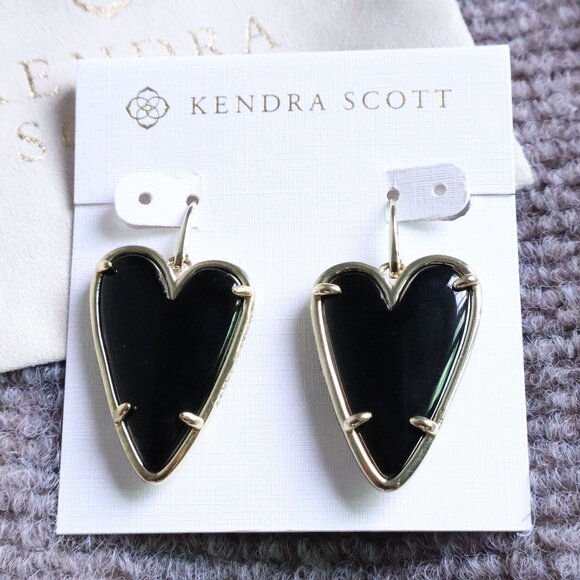 New. Kendra Scott Ansley Heart Gold Black Obsidian Earrings - Picture 1 of 2